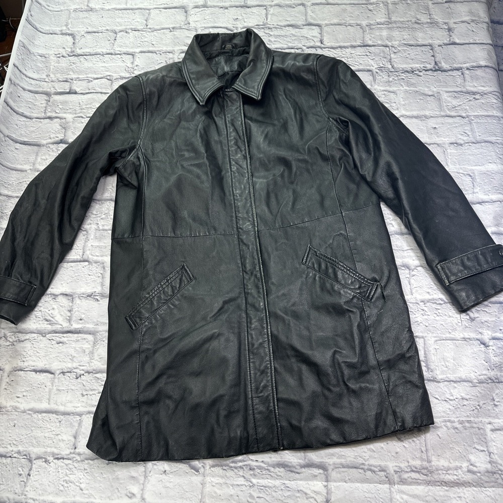 Jacqueline Ferrar Womens Black Leather Car Coat Jacket Long Sleeve Large Solid